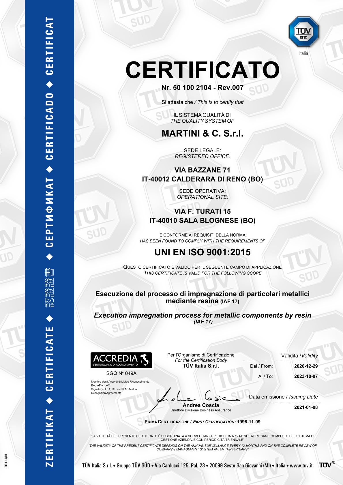 Clicca per scaricare il Certificato in formato PDF